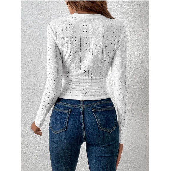 White Eyelet Ruched Long Sleeve Tee Shirt Top - Picture 3 of 8